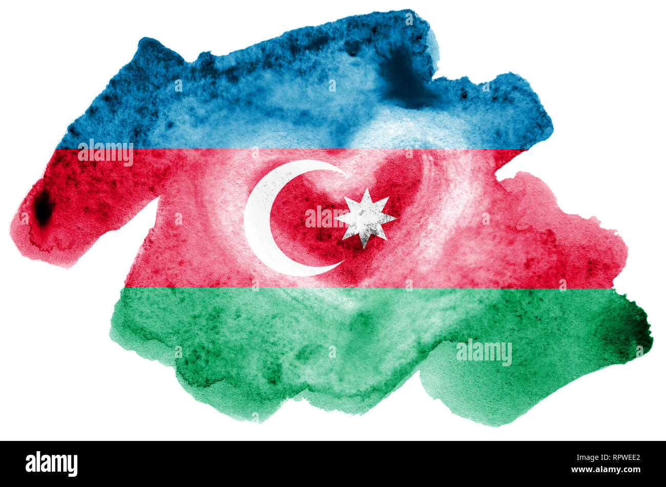 Azerbaijan flag  is depicted in liquid watercolor style isolated on white background. Careless paint shading with image of national flag. Independence Stock Photo