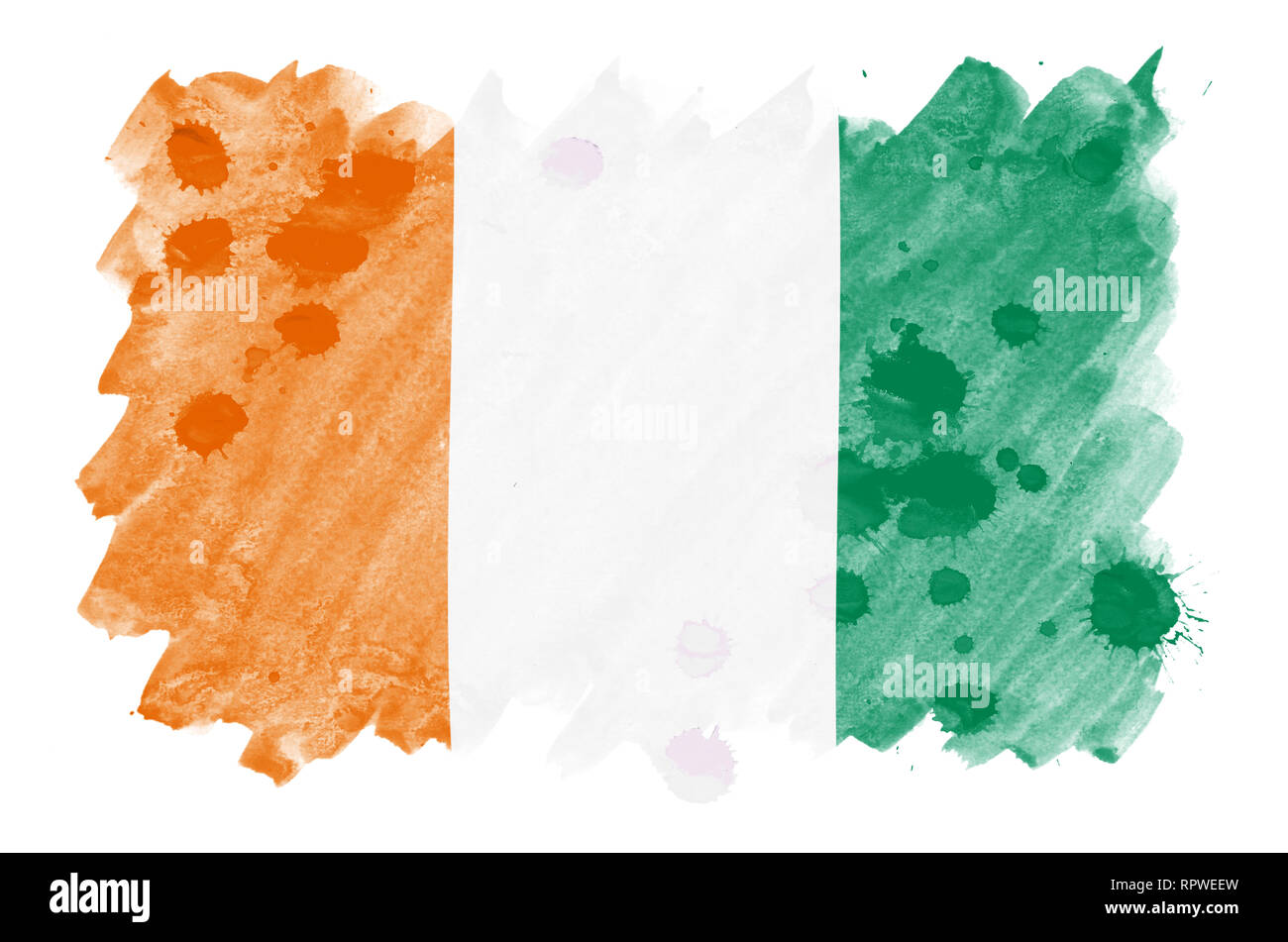 Ivory Coast flag  is depicted in liquid watercolor style isolated on white background. Careless paint shading with image of national flag. Independenc Stock Photo