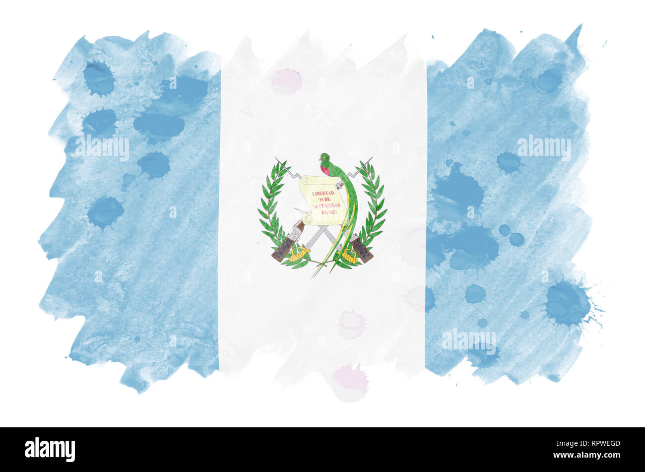 Guatemala flag  is depicted in liquid watercolor style isolated on white background. Careless paint shading with image of national flag. Independence  Stock Photo