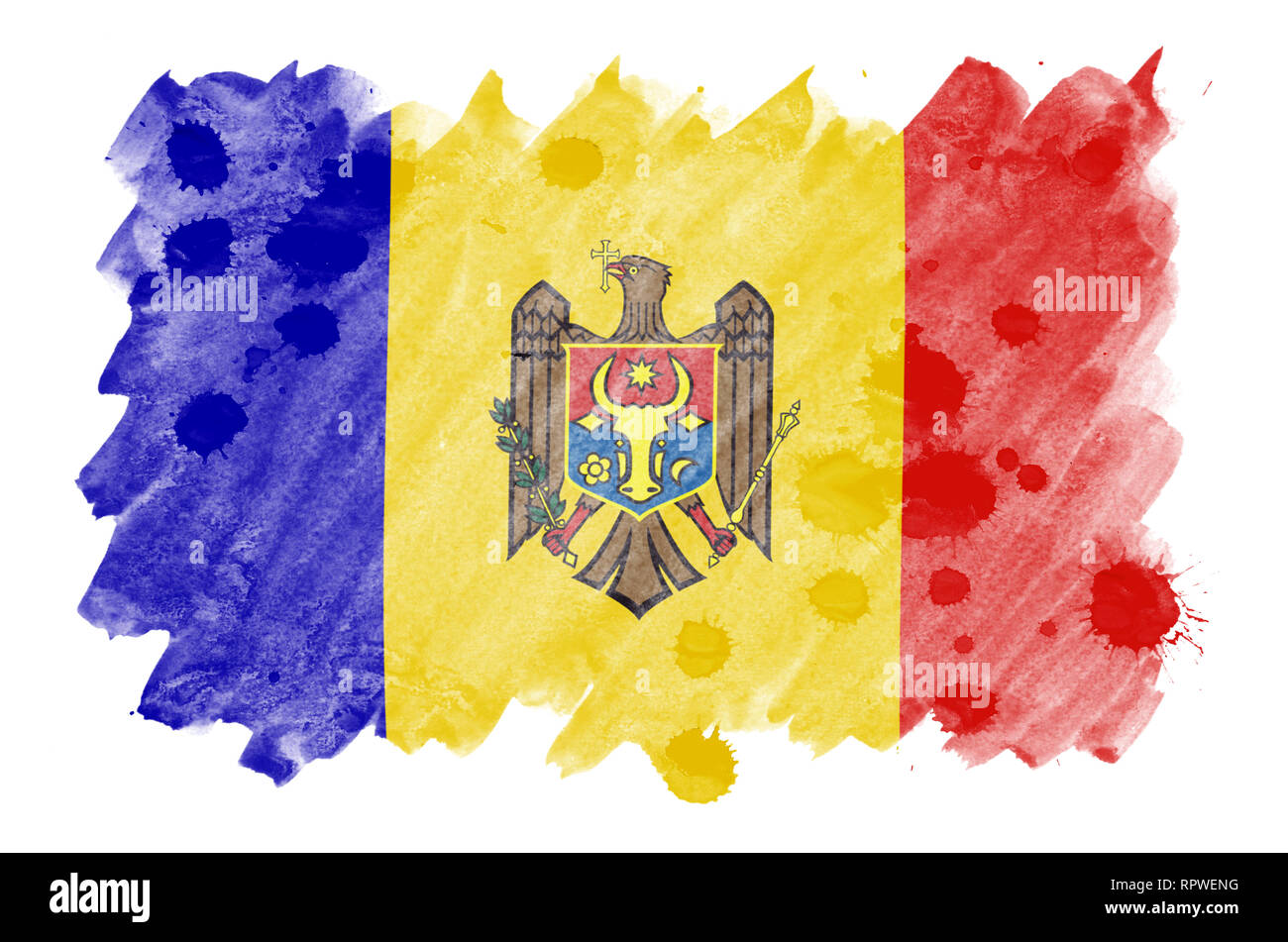 Moldova flag  is depicted in liquid watercolor style isolated on white background. Careless paint shading with image of national flag. Independence Da Stock Photo