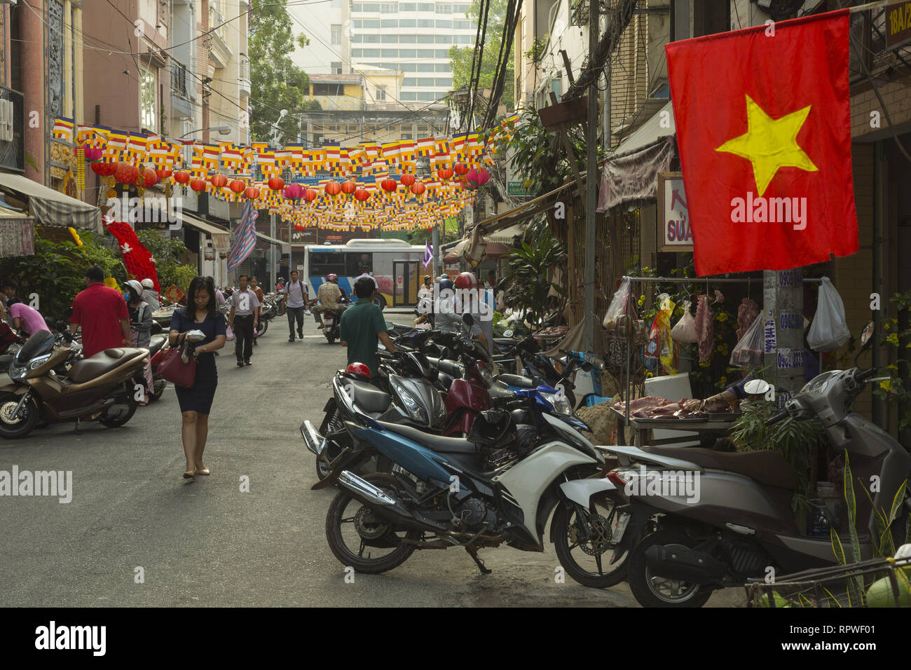 Decorated street in Ho Chi Minh, Vietnam Stock Photo