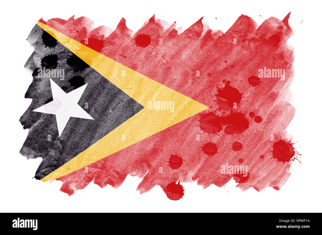 Timor Leste flag  is depicted in liquid watercolor style isolated on white background. Careless paint shading with image of national flag. Independenc Stock Photo