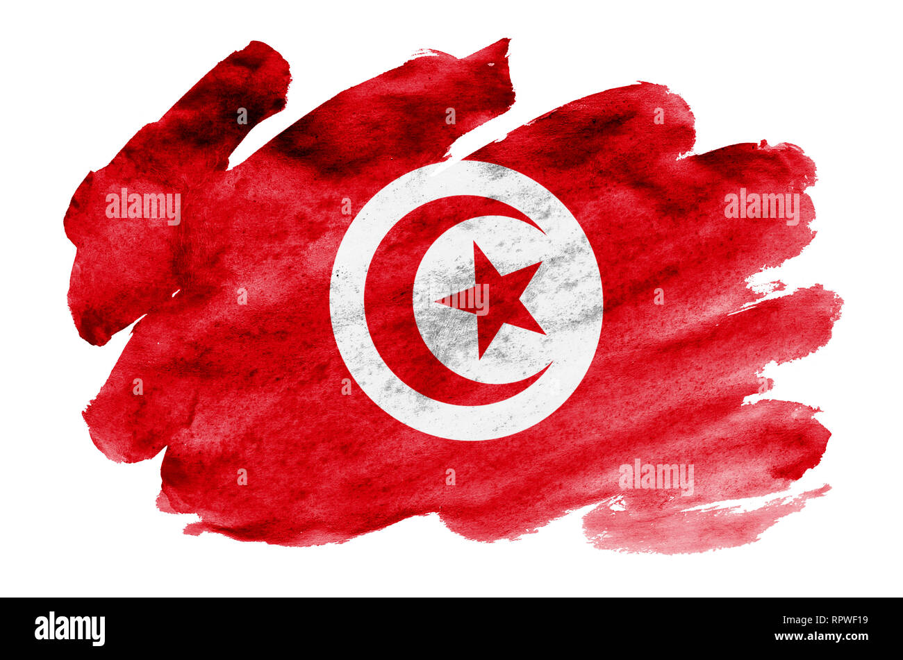 Tunisia flag  is depicted in liquid watercolor style isolated on white background. Careless paint shading with image of national flag. Independence Da Stock Photo