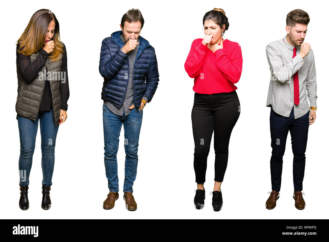 Collage of people over white isolated background feeling unwell and ...