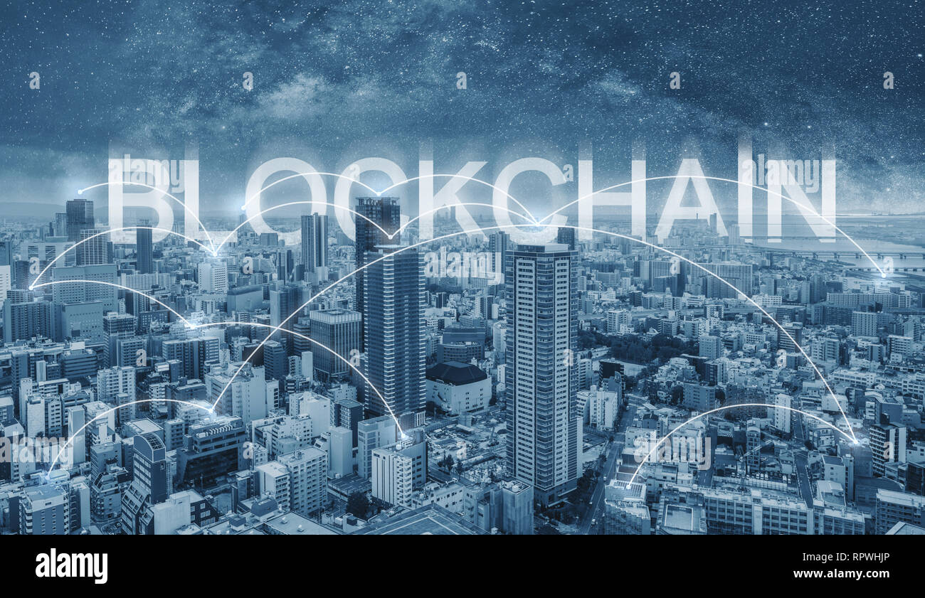 Blockchain technology, cityscape and connections link Stock Photo