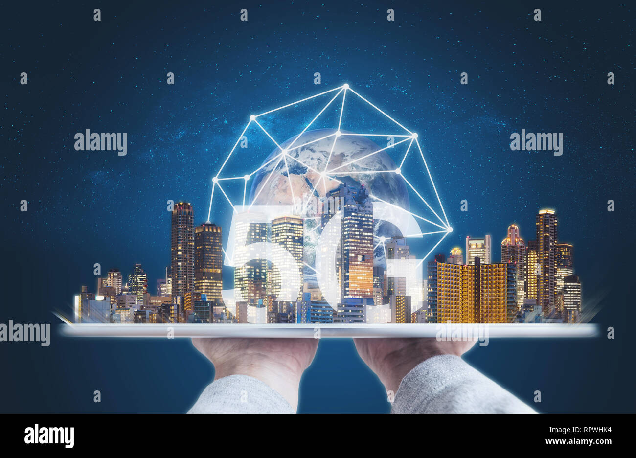 5G internet network and technology, Hand holding digital tablet with buildings and 5g network connection. Element of this image are furnished by NASA Stock Photo