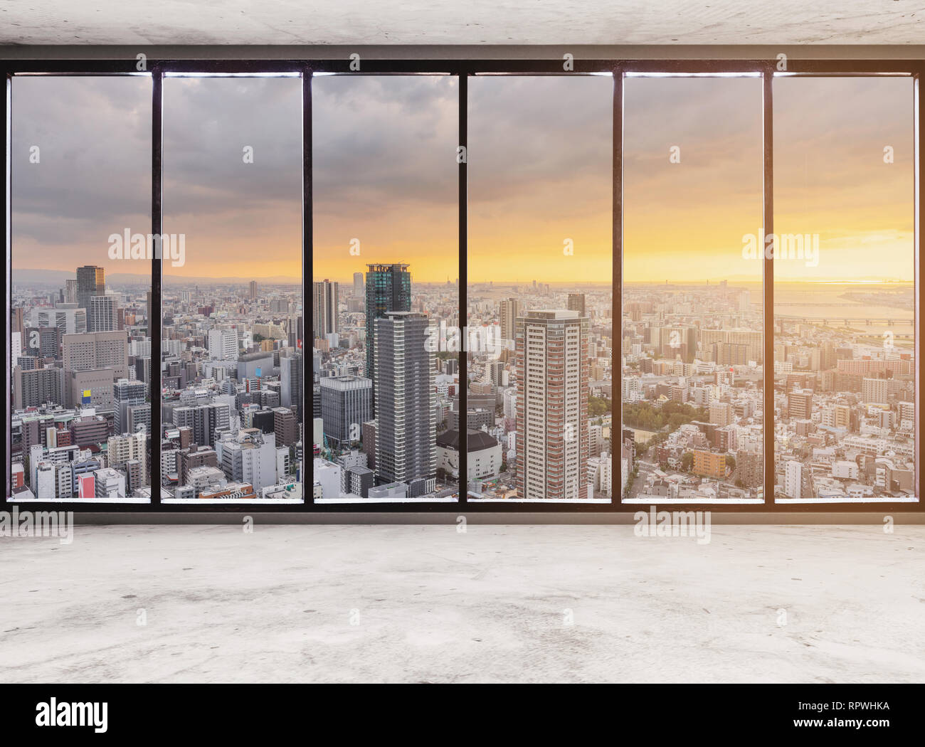 Empty modern interior space with skyscraper city view in sunset, Empty Business Office Interior Stock Photo