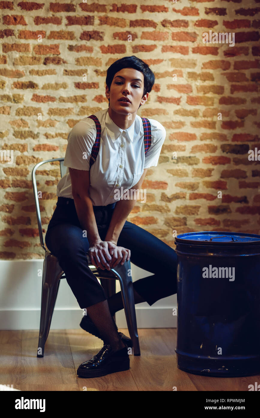 Beautiful Young Woman Model Of Fashion With Very Short Haircut