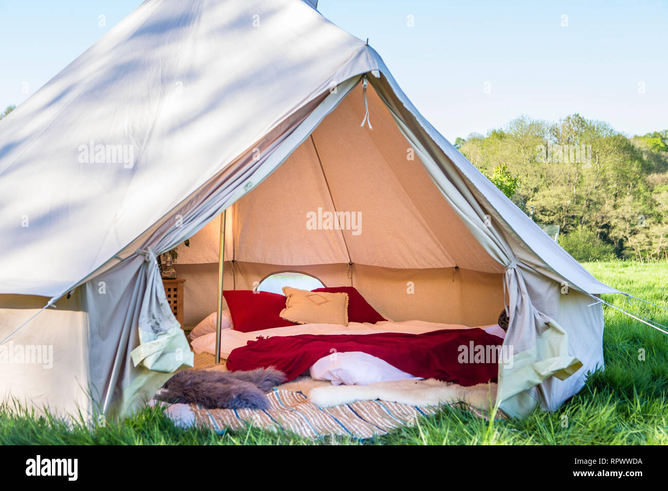 Luxury glamping bell tent interior, Kent, UK Stock Photo