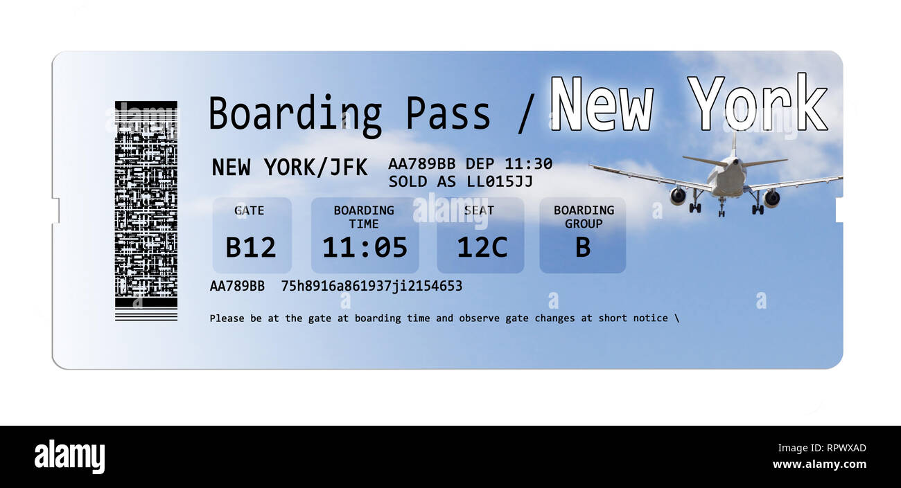 Airline boarding pass tickets to New York isolated on white - The contents  of the image are totally invented. Note for the Ispector: The contents of  Stock Photo - Alamy