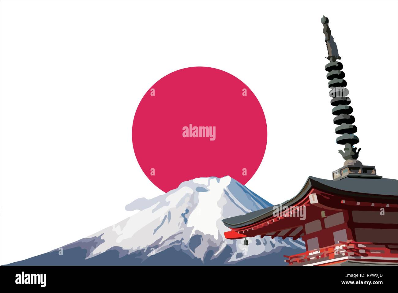 Mount Fuji ( Mt. Fuji ) and Chureito Pagoda with red rising sun background. Flag and symbol of Japan Stock Vector