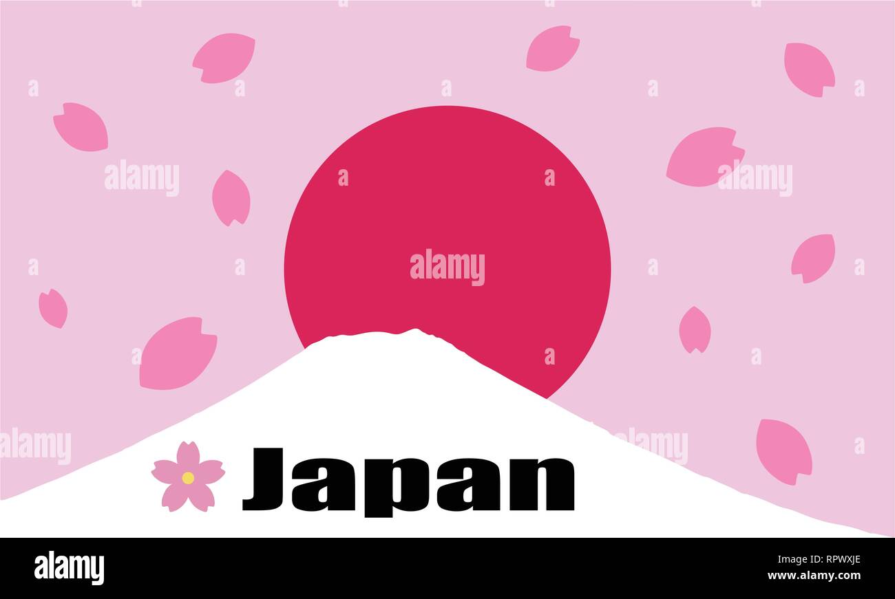 Mount Fuji ( Mt. Fuji ) and with red rising sun and pink cherry blossoms petals background. Flag and symbol of Japan Stock Vector
