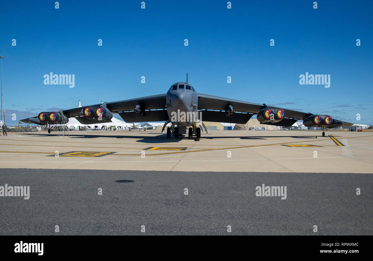A U.S. Air Force B-52 Stratofortress bomber deployed to Andersen Air Force Base, Guam is parked at the Avalon Airport at Geelong, Victoria, Australia, Feb. 22, 2019. Various U.S. aircraft flew to Avalon to showcase different capabilities and missions during the 2019 Australian International Aerospace & Defence Exposition and Airshow (AVALON 2019) which will be held Feb. 26 to March 3, 2019. AVALON 19 is the premier aerospace exhibition (airshow & tradeshow) in Australia; this year’s exhibition will be the 14th iteration since its inception in 1992. U.S. forces are participating in AVALON 19 to Stock Photo