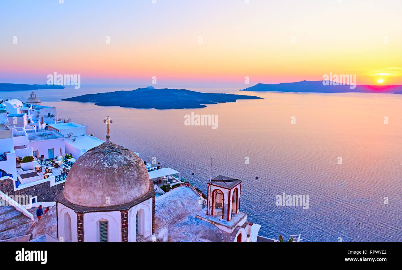 Santorini and Aegean sea at sundown, Thira town, Greece. Lanscape with space for your own text Stock Photo