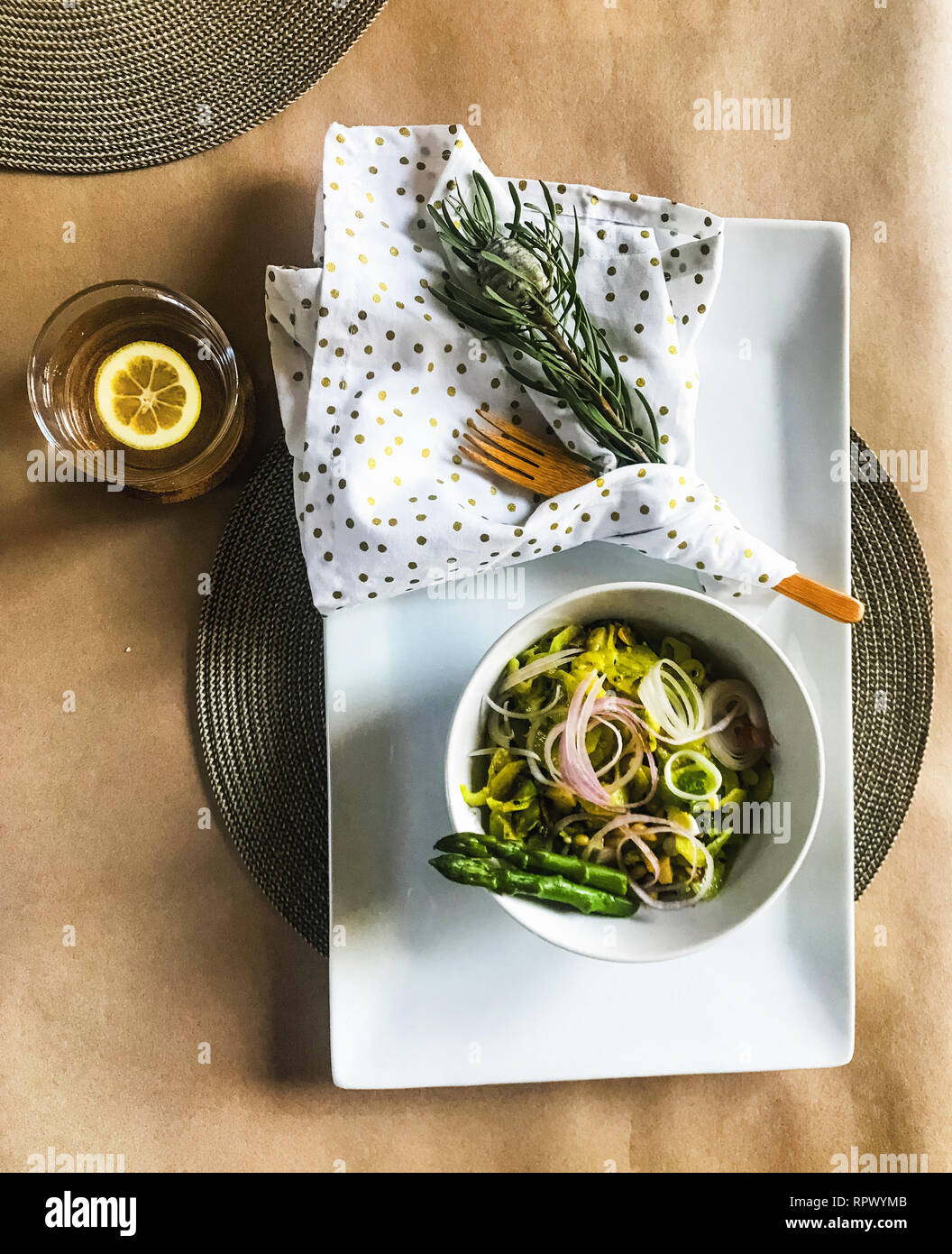 Vegeable salad as breakfast with asparagus and avocado Stock Photo