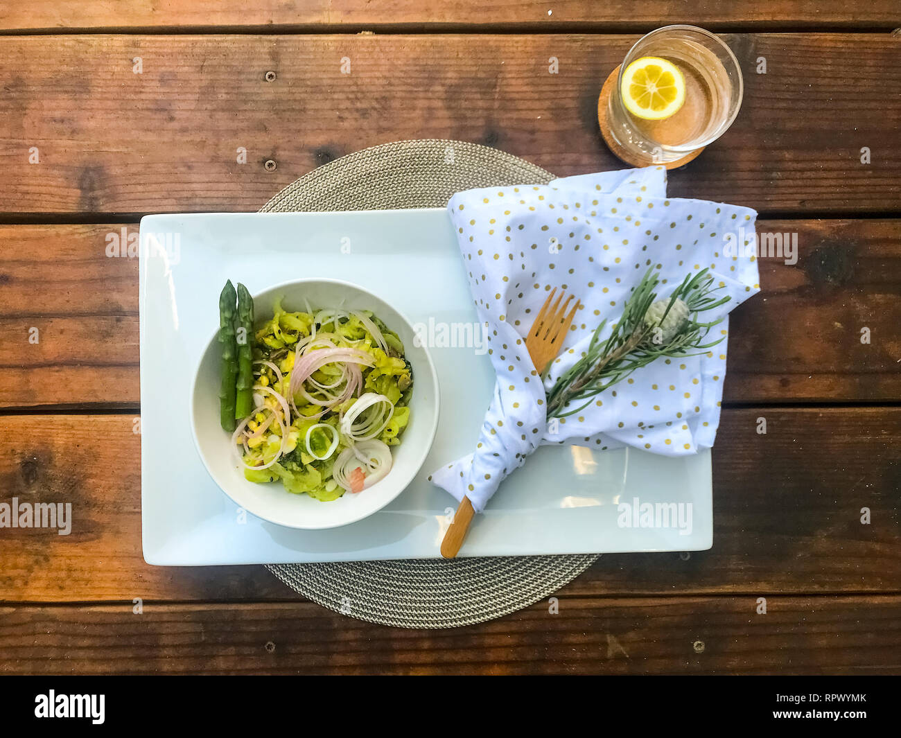 Vegeable salad as breakfast with asparagus and avocado Stock Photo
