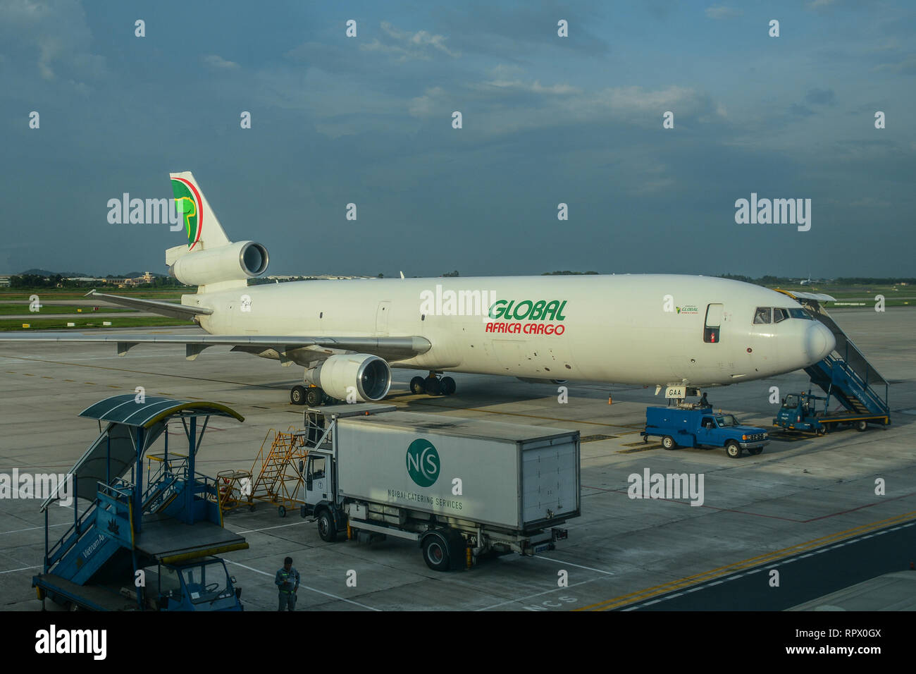 Hanoi, Vietnam - Aug 21, 2016. A McDonnell Douglas MD-11F airplane of Global Africa Cargo docking at Noi Bai Airport (HAN). Stock Photo