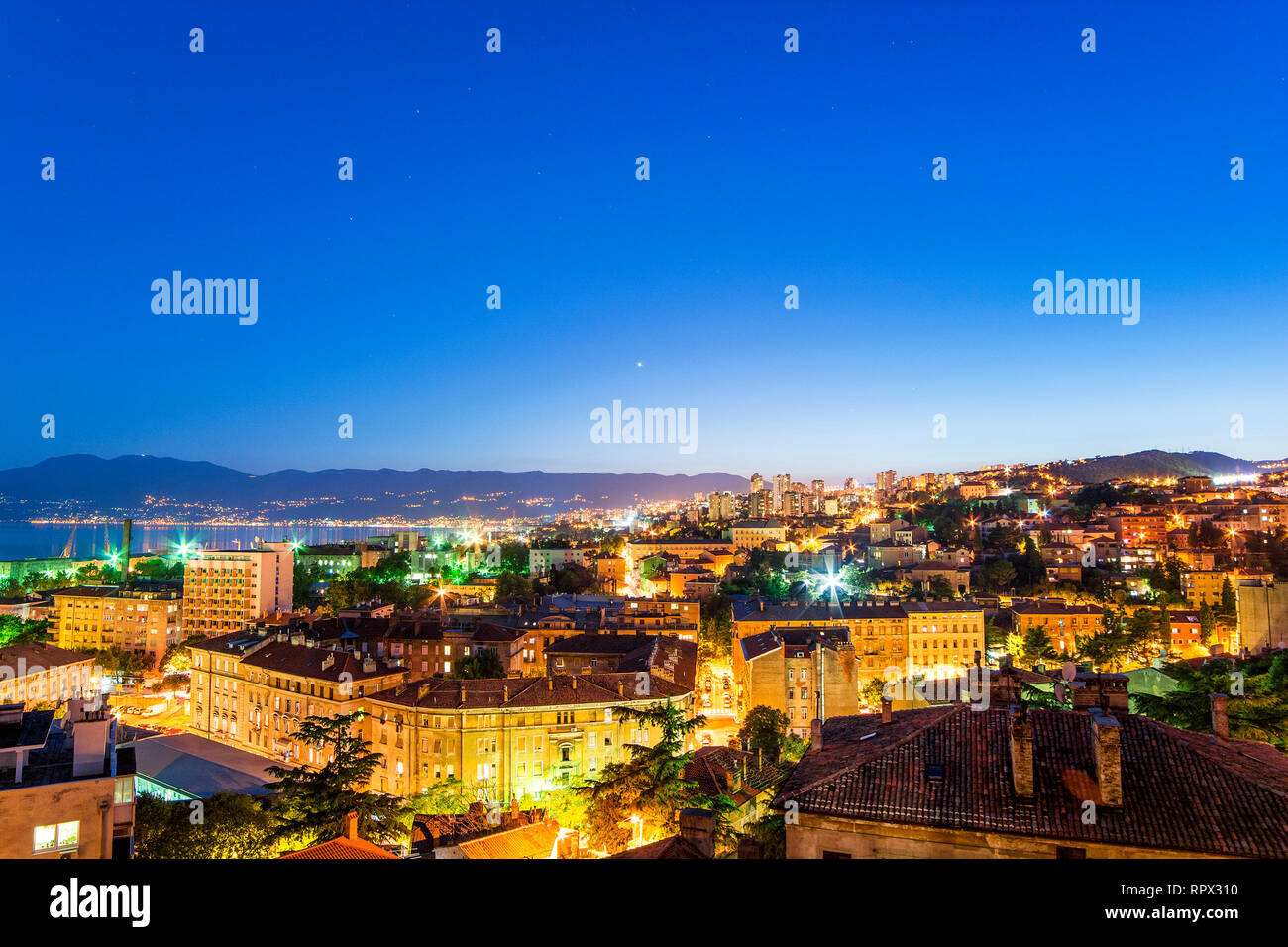 Cityscape at night, Rijeka, Croatia Stock Photo