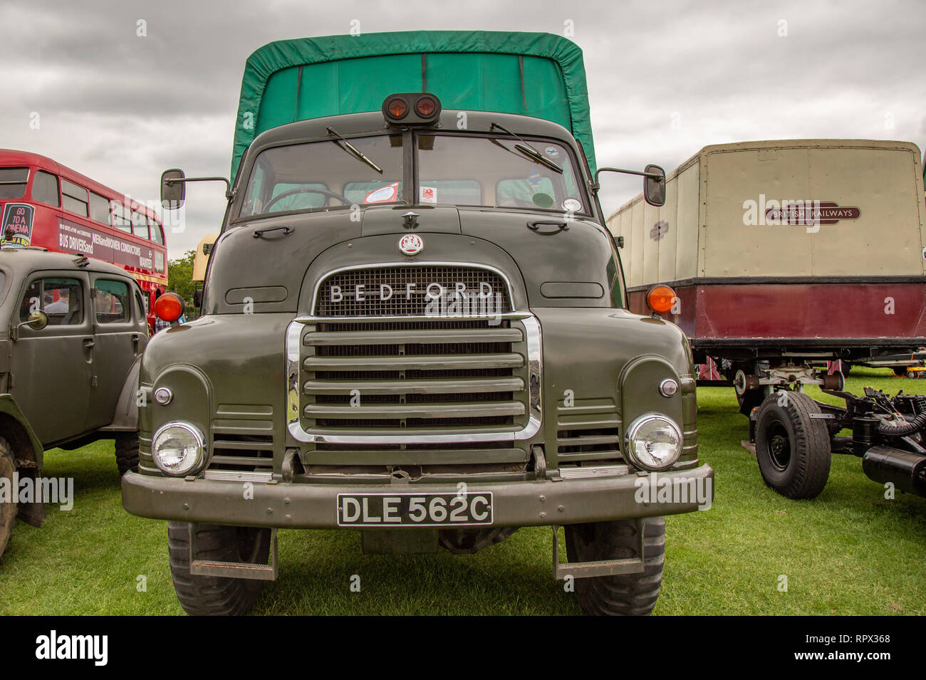 Enfield, Middlesex, England, UK - May 24, 2015: Front view of an old Green Bedford truck at a car show. Stock Photo