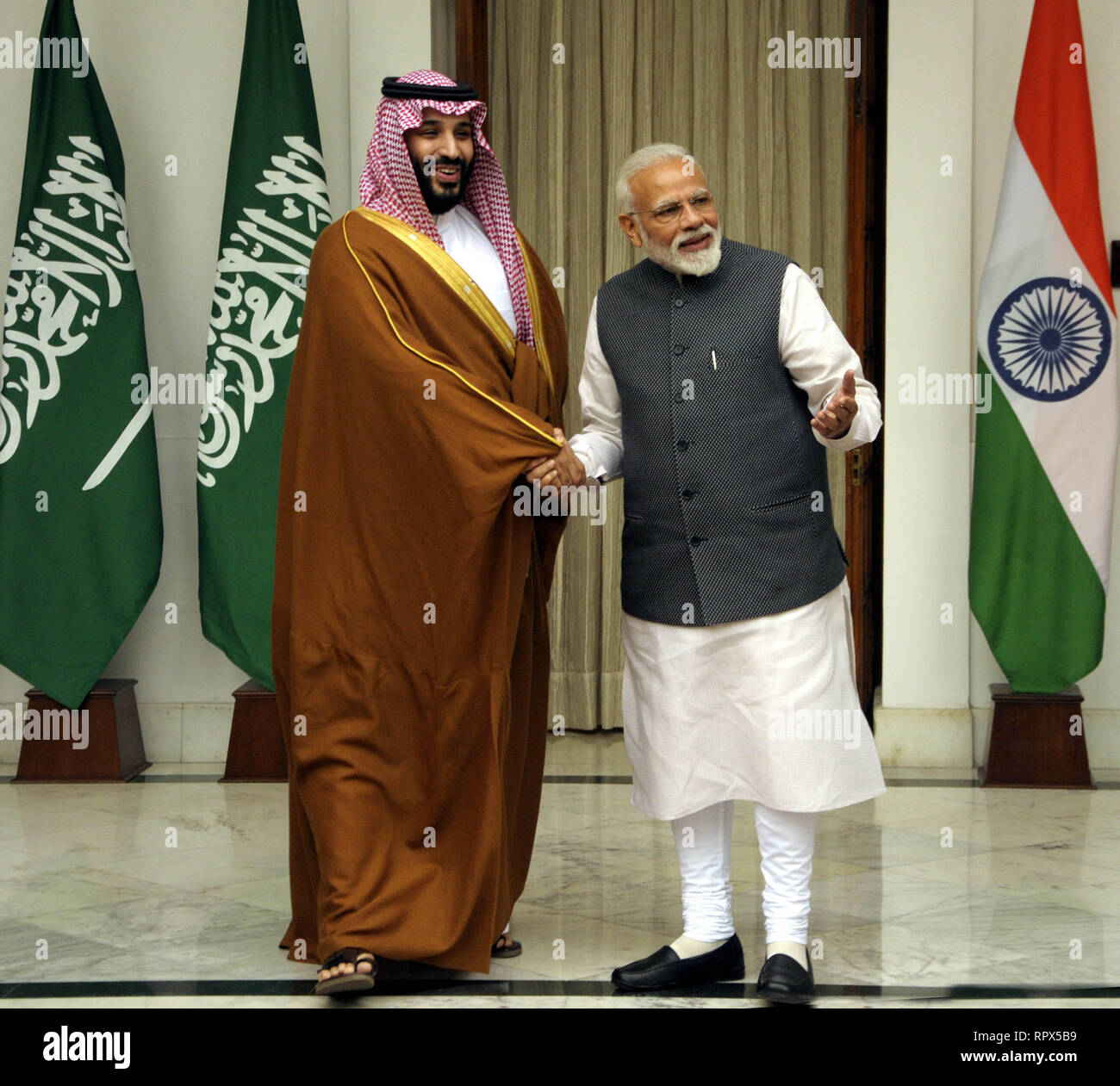 Prime Minister Narendra Modi with Saudi Arabia's Crown Prince Mohammed bin Salman prior to a meeting at Hyderabad House, in New Delhi, India  Wednesda Stock Photo