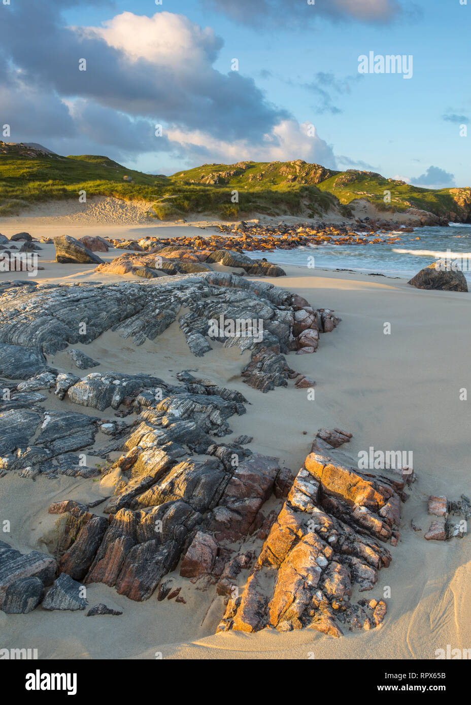 Rock formations at sunrise at Uig Sands on the Isle of Lewis, Outer Hebrides, Scotland Stock Photo