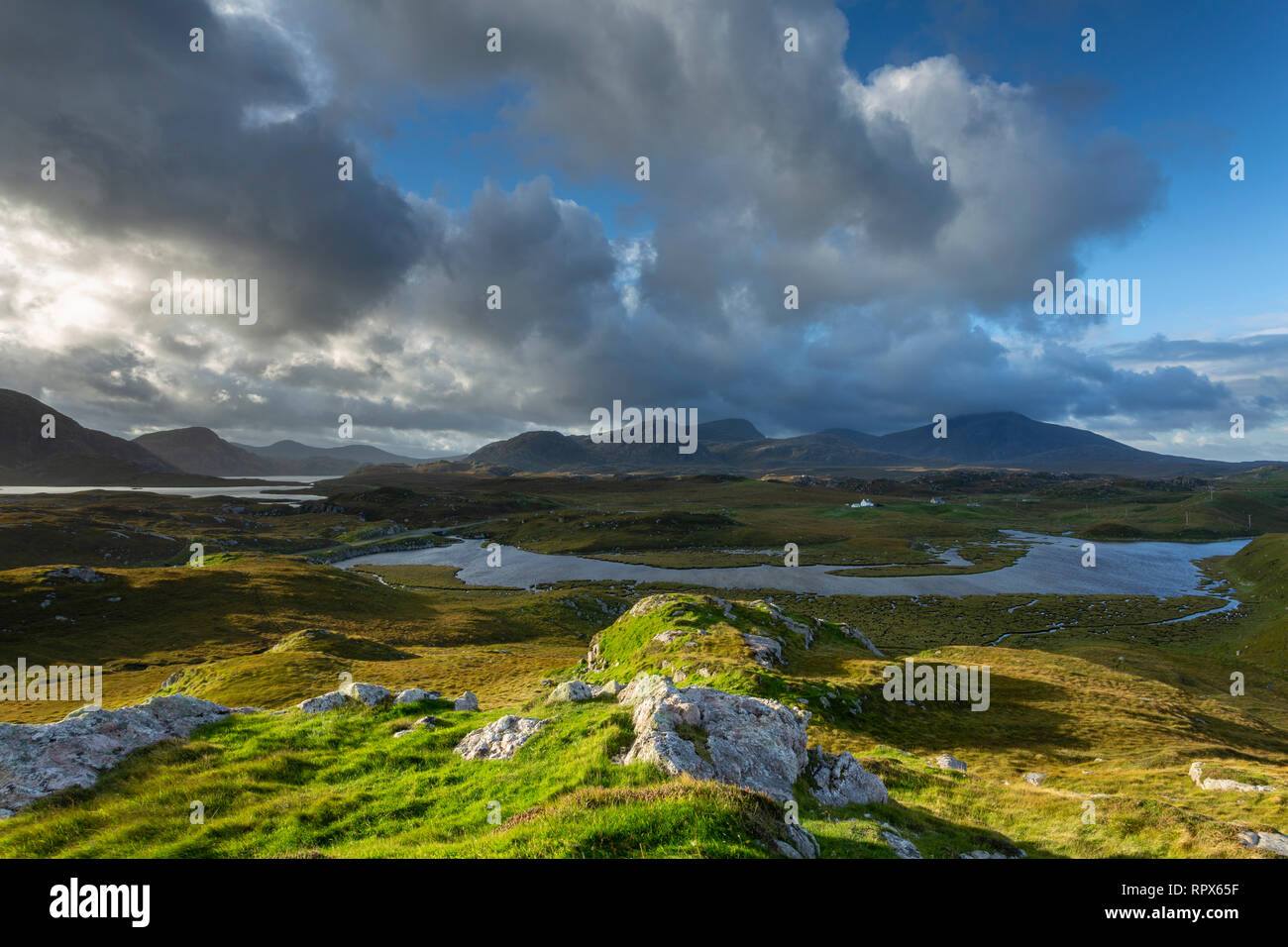 Hills and lochs to the south of Uig Sands on a blustery morning on the Isle of Lewis, Outer Hebrides, Scotland Stock Photo