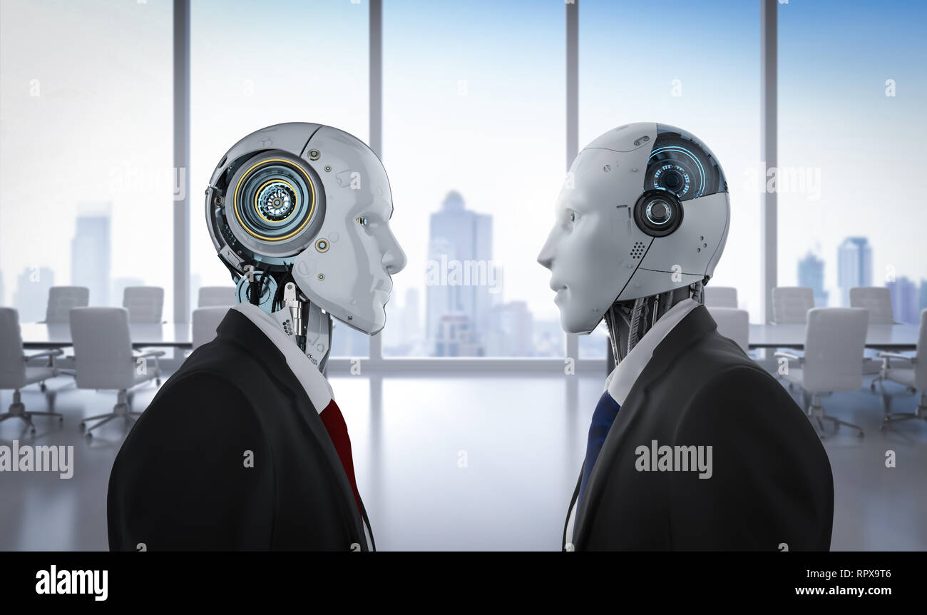 Technology confrontation concept with 3d rendering robotic businessman confront in office Stock Photo