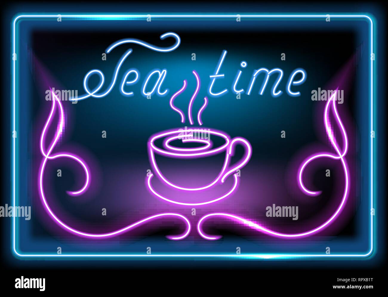 Neon signboard with glowing tea cup and inscription "Tea time" for