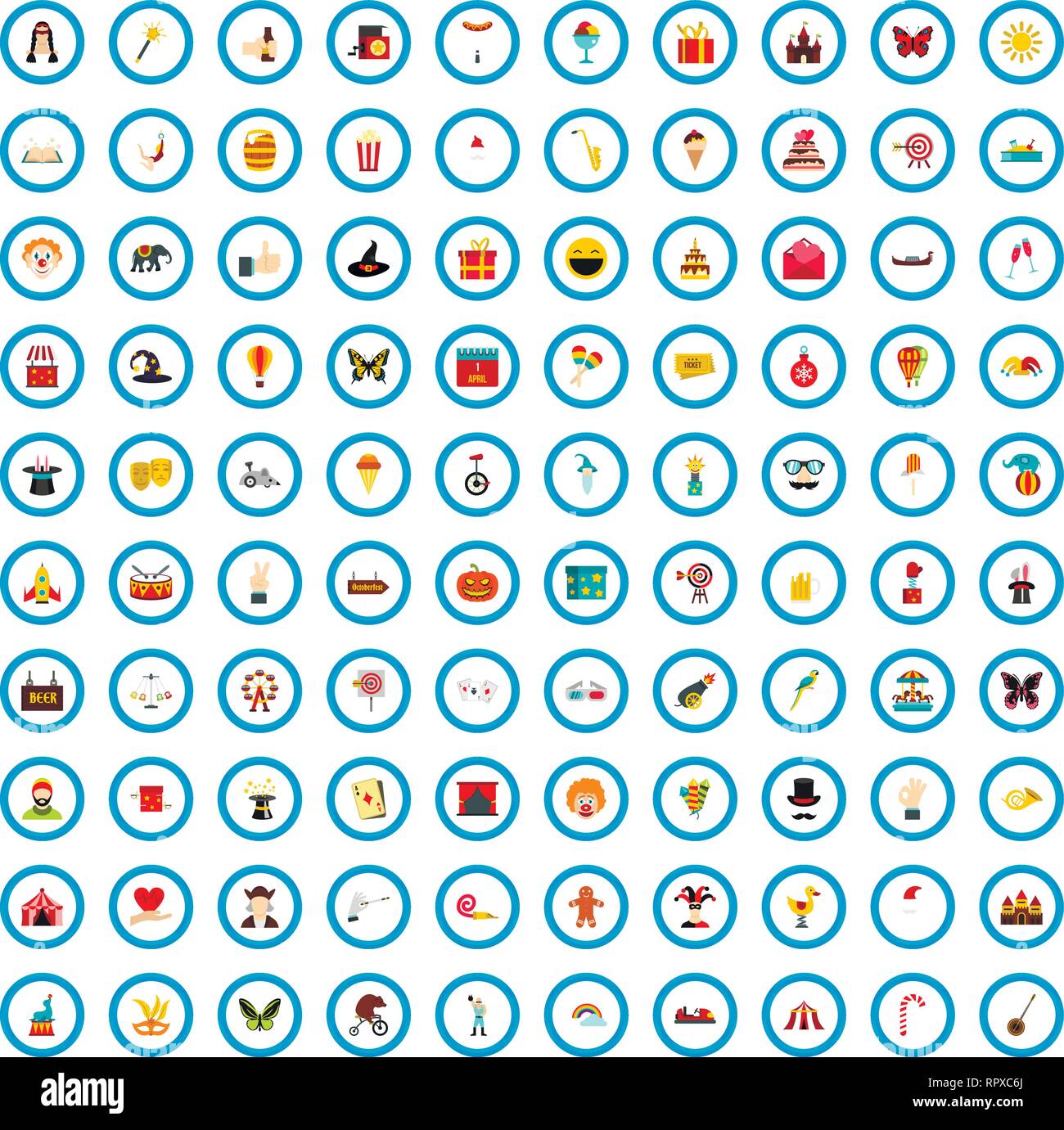 100 carnival icons set, flat style Stock Vector