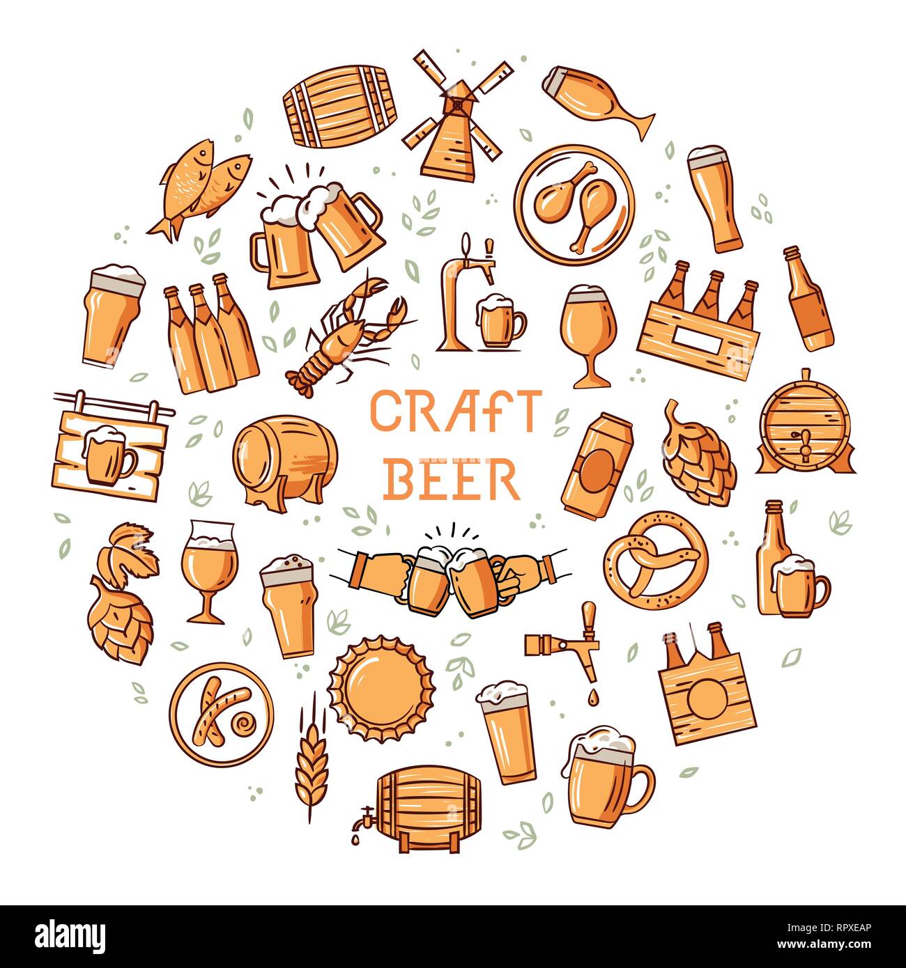 Circular hand-drawn a large set of colorful icons on the topic of beer ...