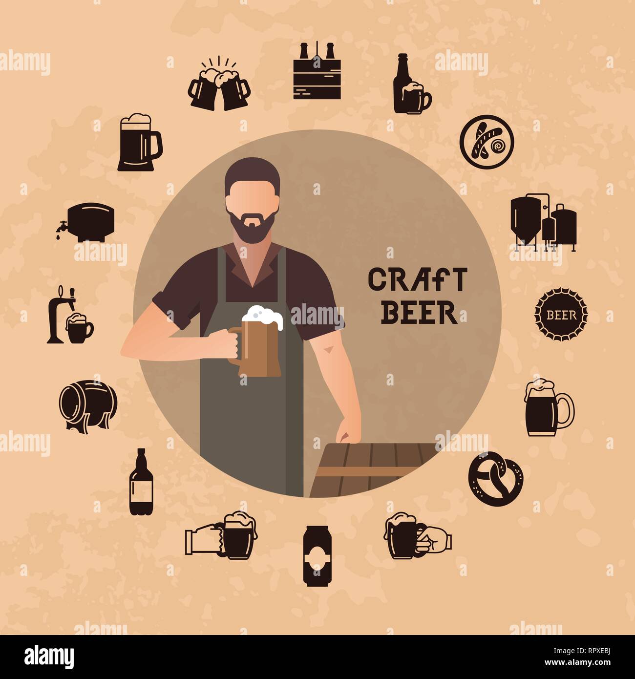 Brewer own brewery with a beer in the hand demonstrating beer near barrels in vector illustration Stock Vector