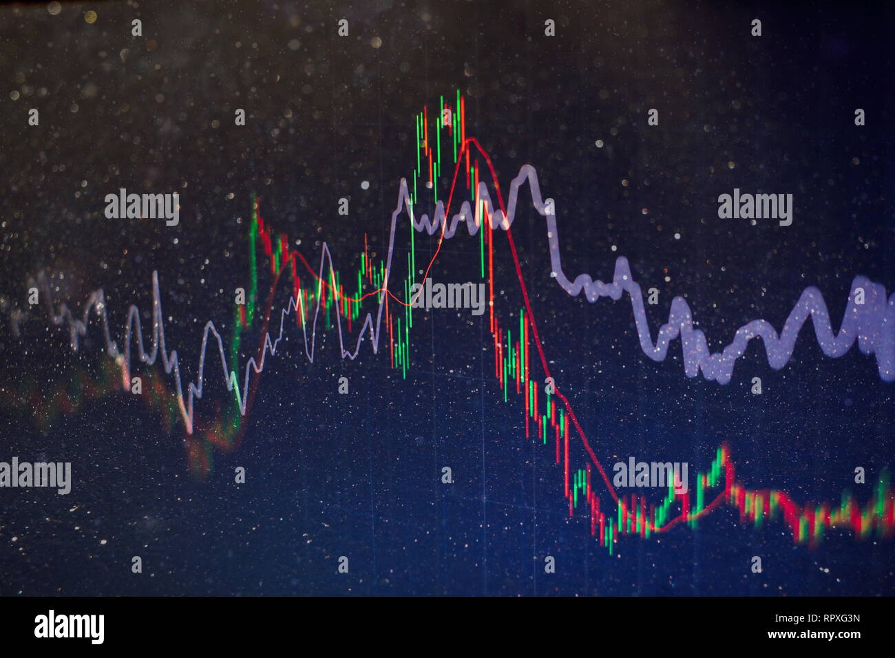 Gradient Check Stock financial candlestick chart with line graph and stock numbers on ...