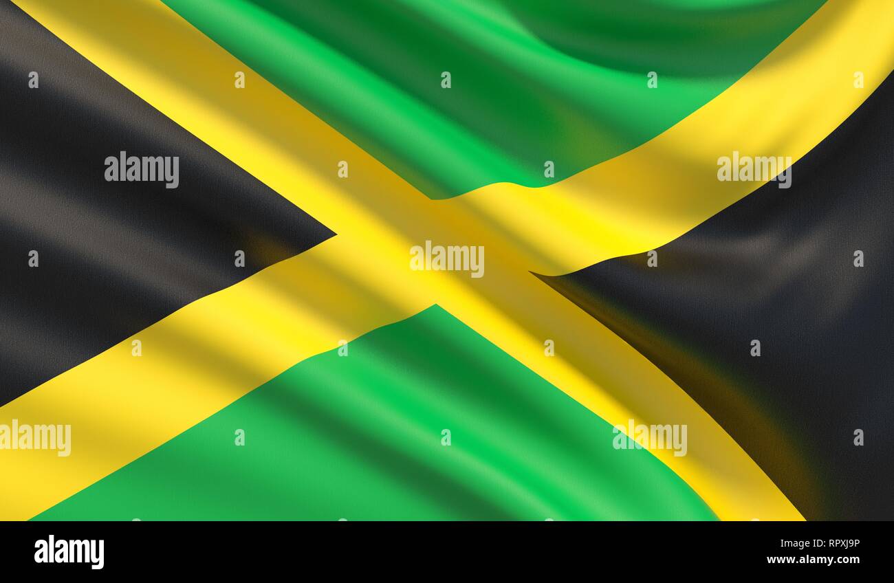 Flag of Jamaica. Waved highly detailed fabric texture. 3D illustration