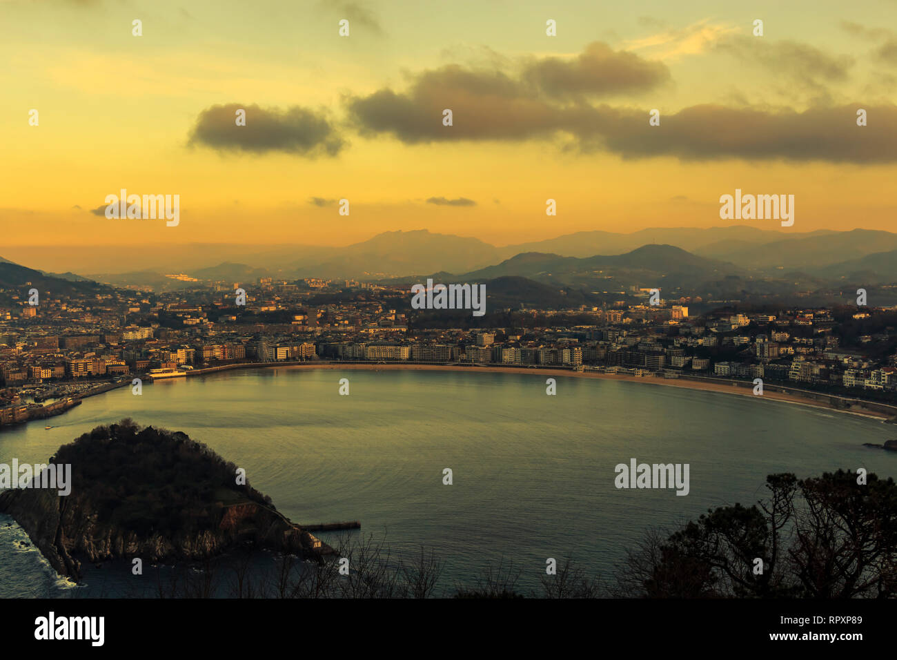Aerial view of the resort town of San Sebastian in the mountainous Basque Country, Spain taken