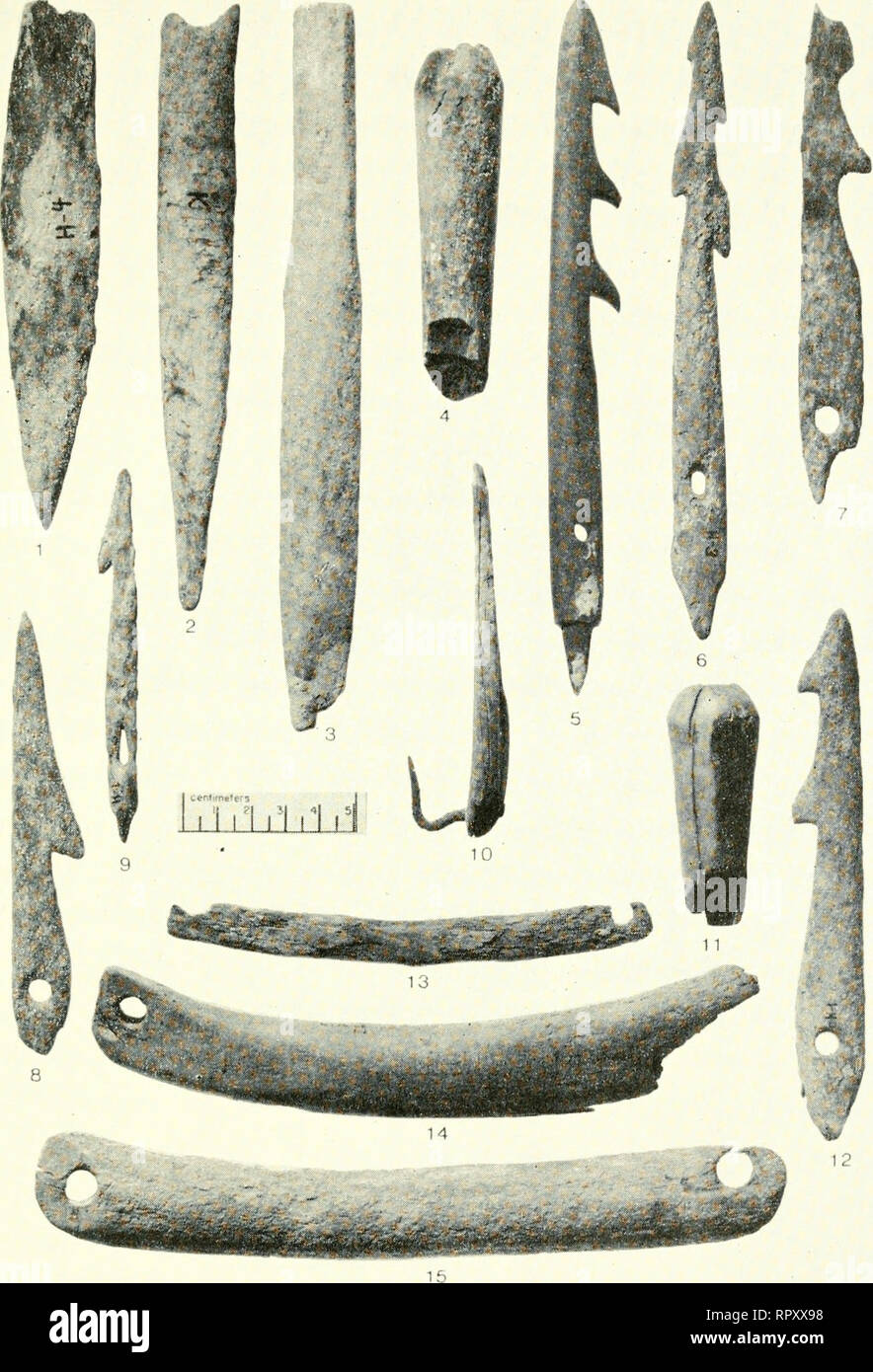 . Akulivikchuk: a nineteenth century Eskimo village on the Nushagak River, Alaska. Akulivikchuk site, Alaska. Plate 8. Bone and Antler Artifacts. 1-3. Fishing ice picks (p. 58); 4. Sal- mon harpoon socket piece (p. 58); 5-9. Salmon harpoon dart heads (p. 58); 10. Lure-hook (p. 58); 11. Salmon harpoon socket piece (p. 58); 12. Salmon harpoon dart head (p. 58); 13-15. Net weights (pp. 56, 58). 57. Please note that these images are extracted from scanned page images that may have been digitally enhanced for readability - coloration and appearance of these illustrations may not perfectly resemble  Stock Photo