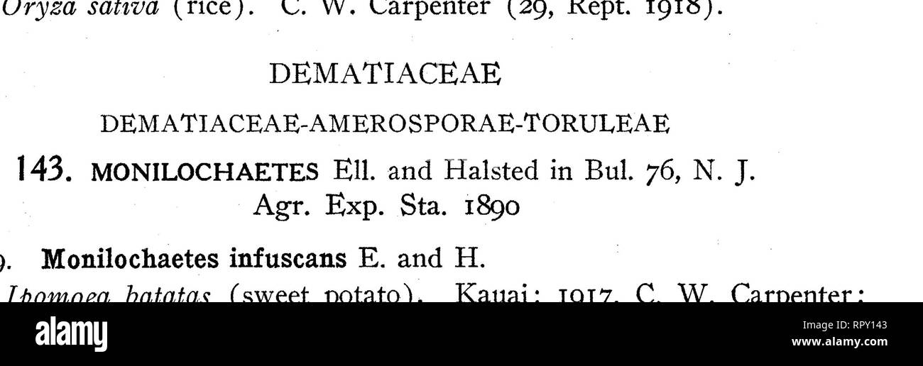 . Hawaiian Fungi. Fungi. 152 Bernice P. Bishop Museum—Bulletin On Saccharum officinarum &quot;Johnston believes that this fungus has been reported from Hawaii.&quot;— Caum. DEMATIACEAE-DIDYMOSPORAE 146. CLADOSPORIUM Link. Sp. PI. Fungi vol. 6, p. 39, 1824 See under Phyllosticta colacasiophila, pp. 129-132. DEMATIACEAE-PHRAGMOSPHOREAE 147. HELMINTHOSPORIUM Link. Berl. Mag. vol. 3, p. 10, 1809 No. 352. Helminthosporium cibotii Stevens and Weedon n. sp. Spots 3-7 mm. in diameter, irregularly circular, center tan-colored, shrunken, thin, surrounded by a densely black border 1-2 mm. wide, which sha Stock Photo