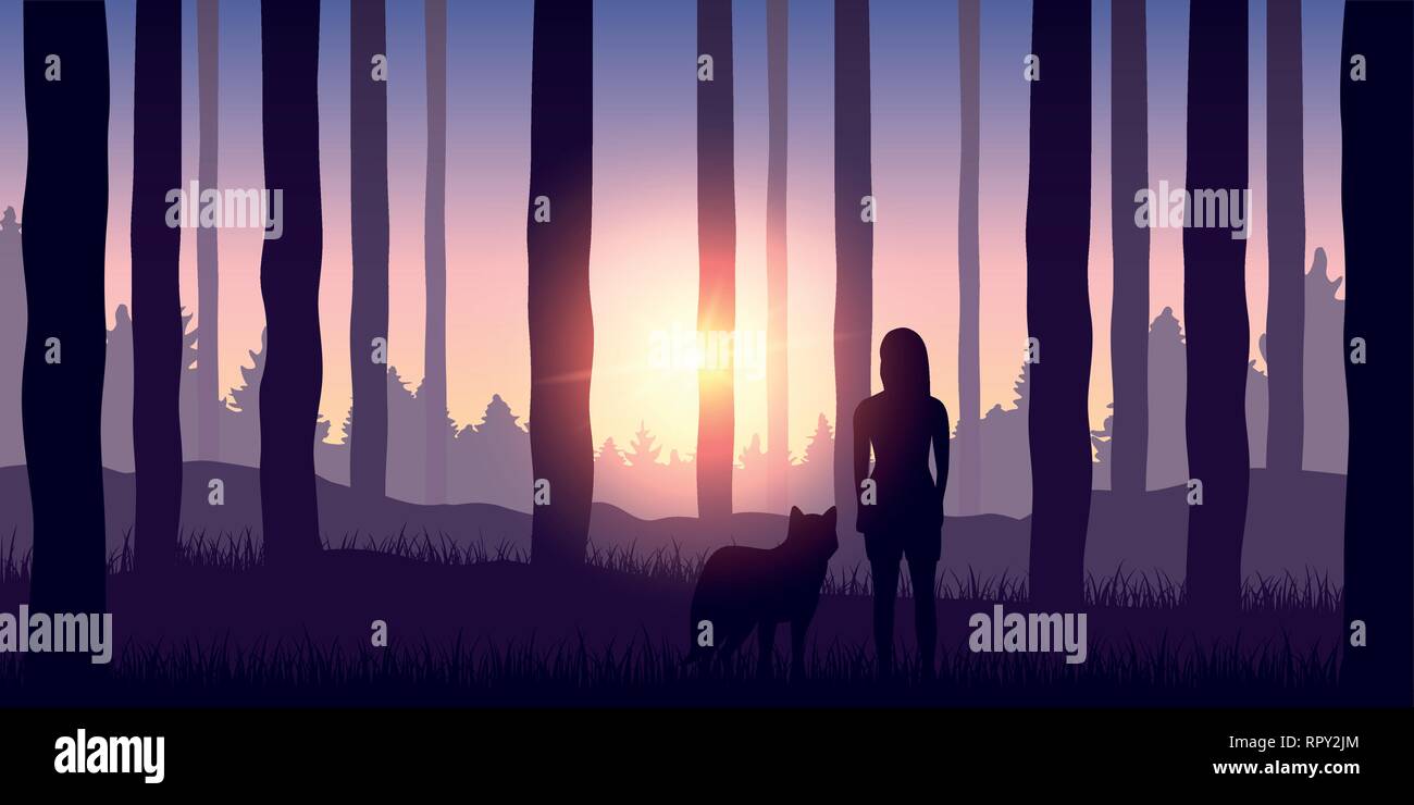 girl and her dog makes a walk in the forest nature landscape backgound with sunshine vector illustration EPS10 Stock Vector