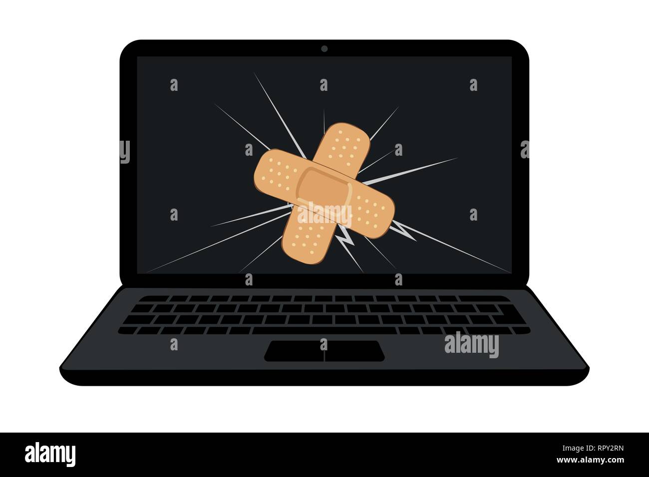 broken laptop display with crack and sticking plaster vector illustration EPS10 Stock Vector