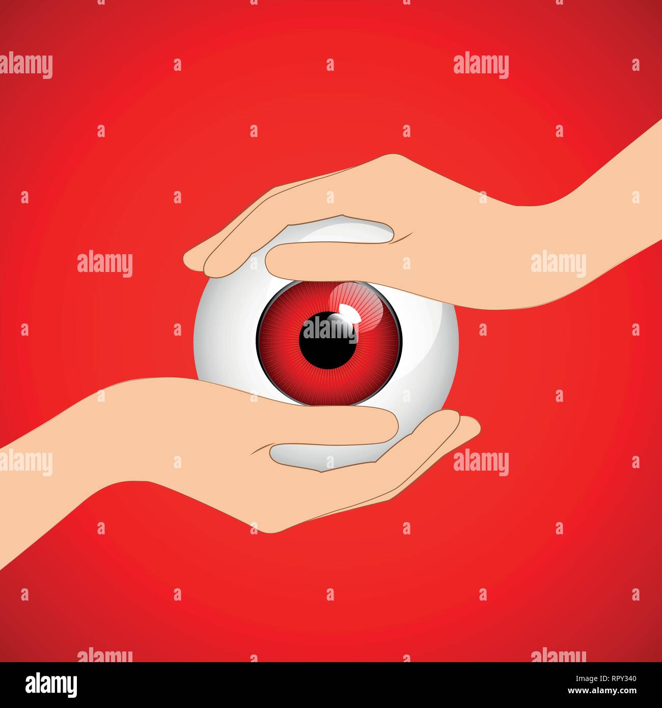 hands hold red irritated eye vector illustration EPS10 Stock Vector