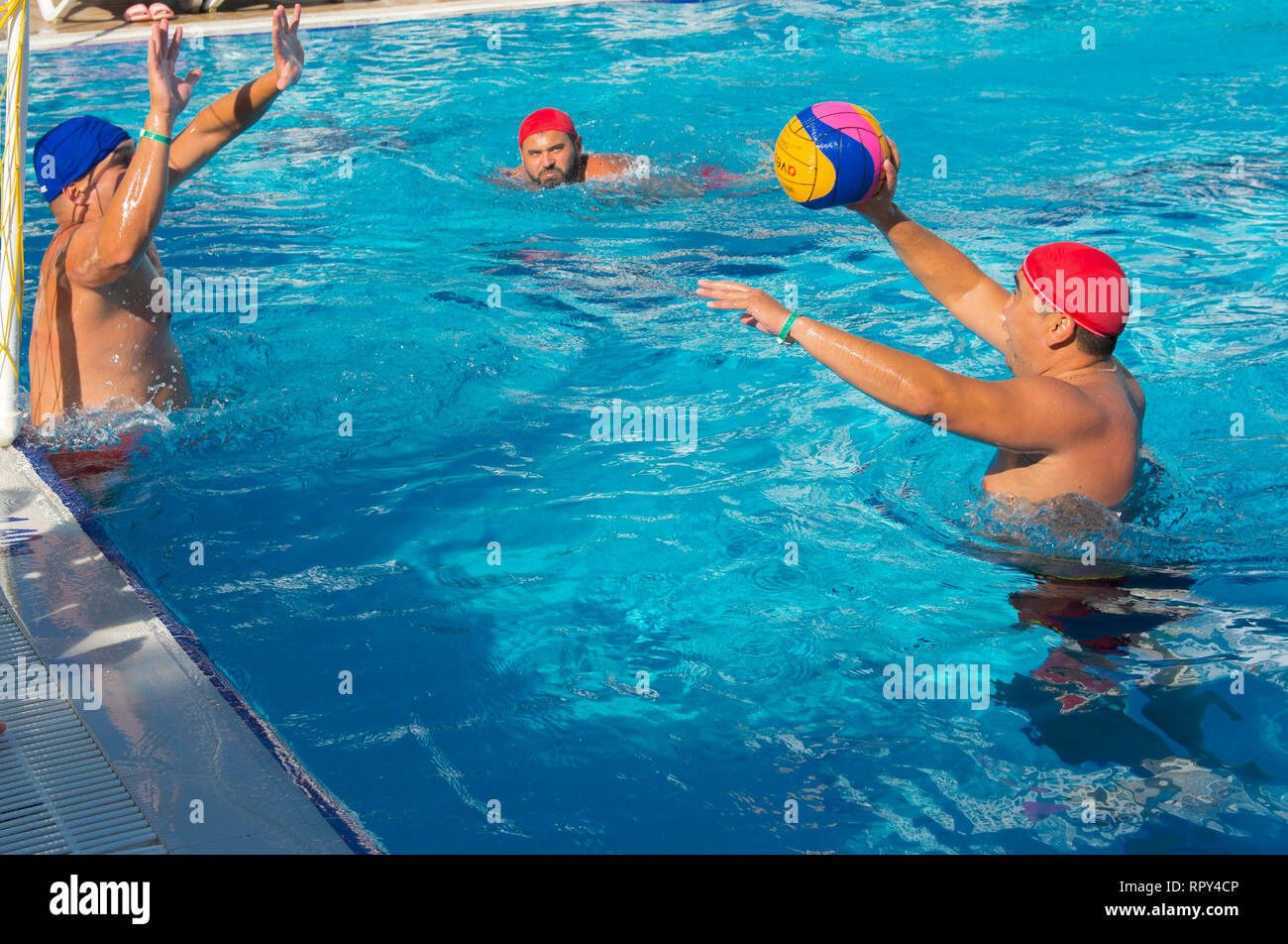 Alanya, Turkey - October 05, 2018. A group of people plays water polo in  the blue clear water of the Kirman Sidera Luxury hotel pool. Fitness  concept Stock Photo - Alamy