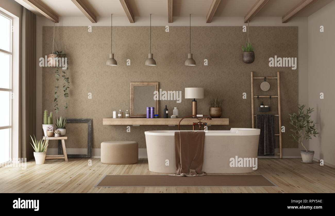 Vintage bathroom with modern bathtub and retro decor objects - 3d rendering Stock Photo