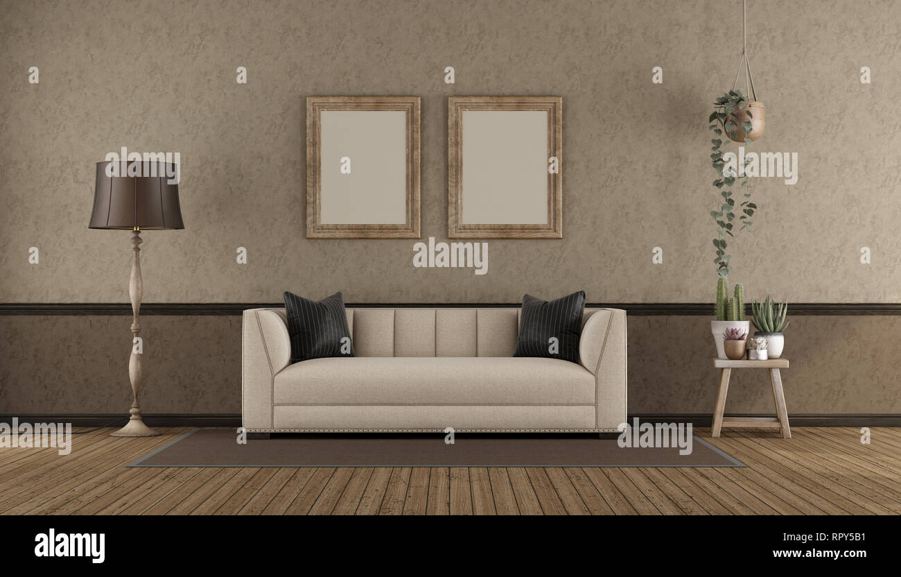 Retro interio with classic sofa against stucco wall - 3d rendering Stock Photo
