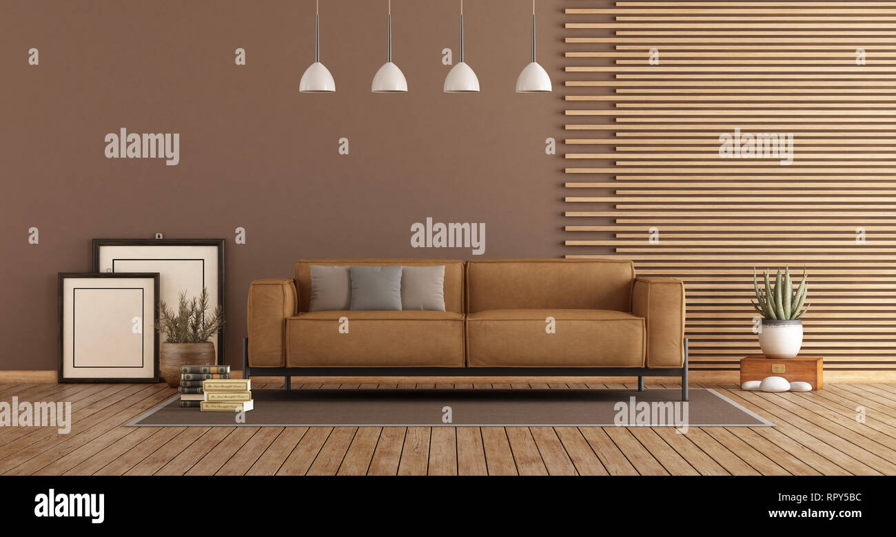 Modern Living room with leather sofa , wooden paneling and brown wall - 3d rendering Stock Photo