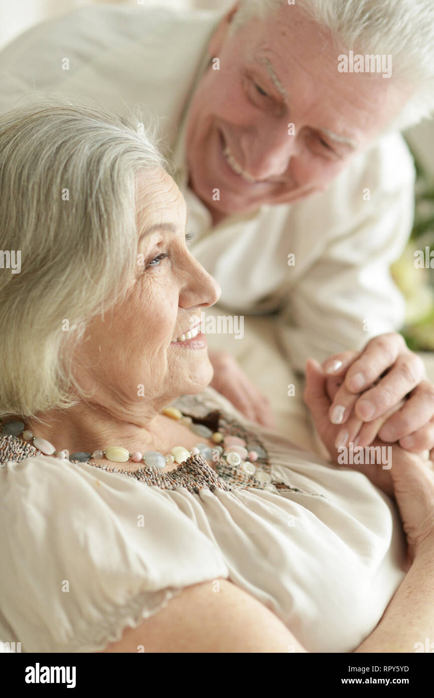 Portrait of two beautiful elderly people resting at home Stock Photo