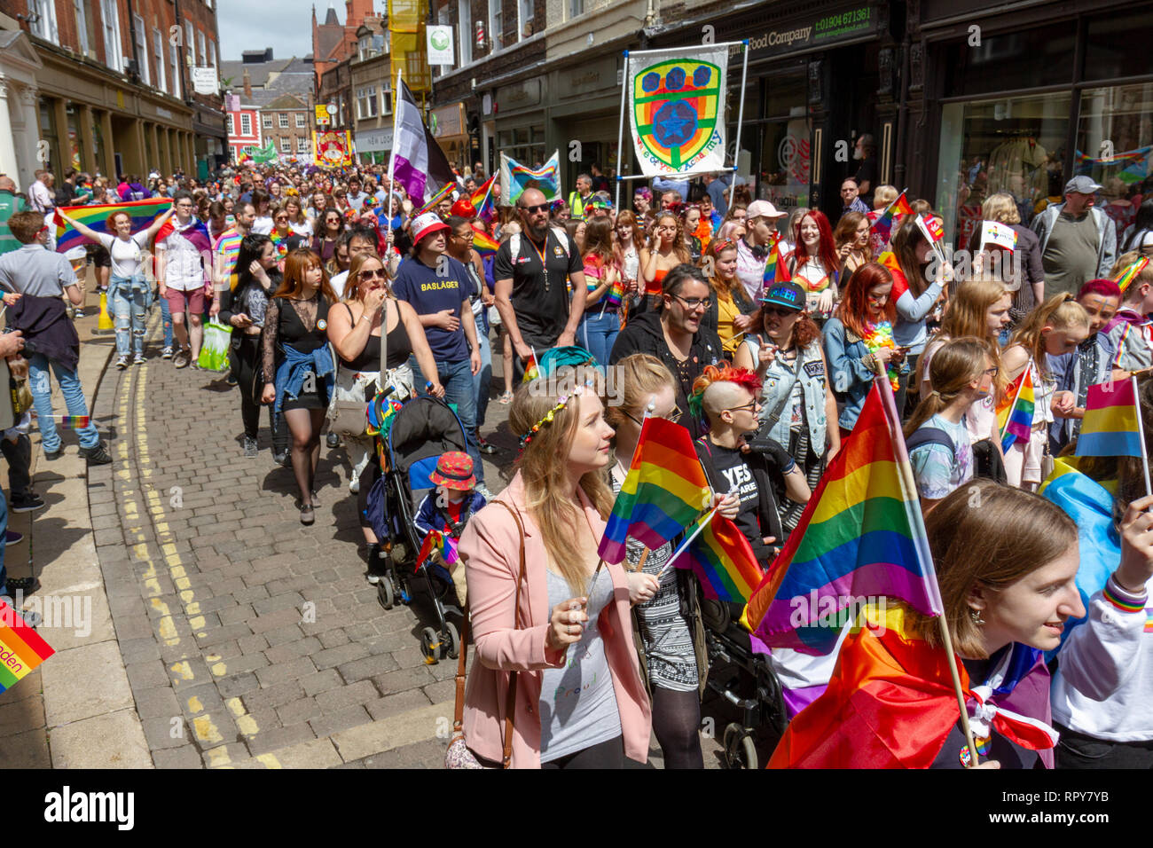 The York Pride 2018 (York LGBT Pride) parade, 9th June 2018, City of York, UK. Stock Photo