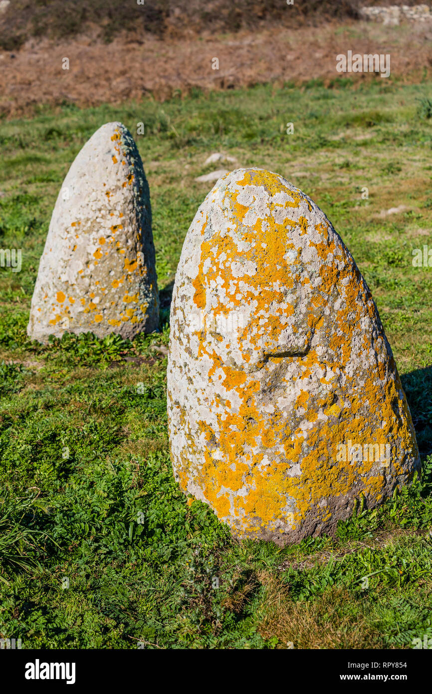 Menhir stones from the bronze age at Archeological site of Tamuli, Sardinia island, Italy Stock Photo