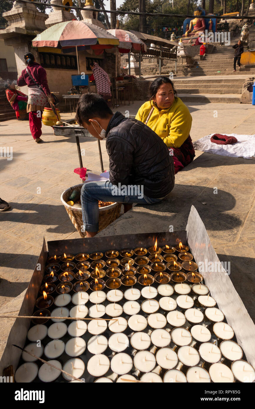 Nepal, Kathmandu, Swayambhunath Temple, night lights in place of
