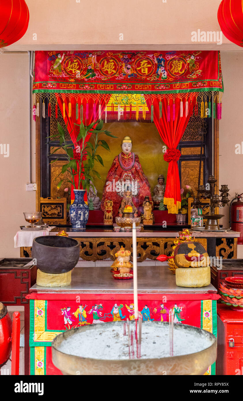 Altar and Deity in the San Duo Chinese Temple, Melaka, Malaysia. Stock Photo