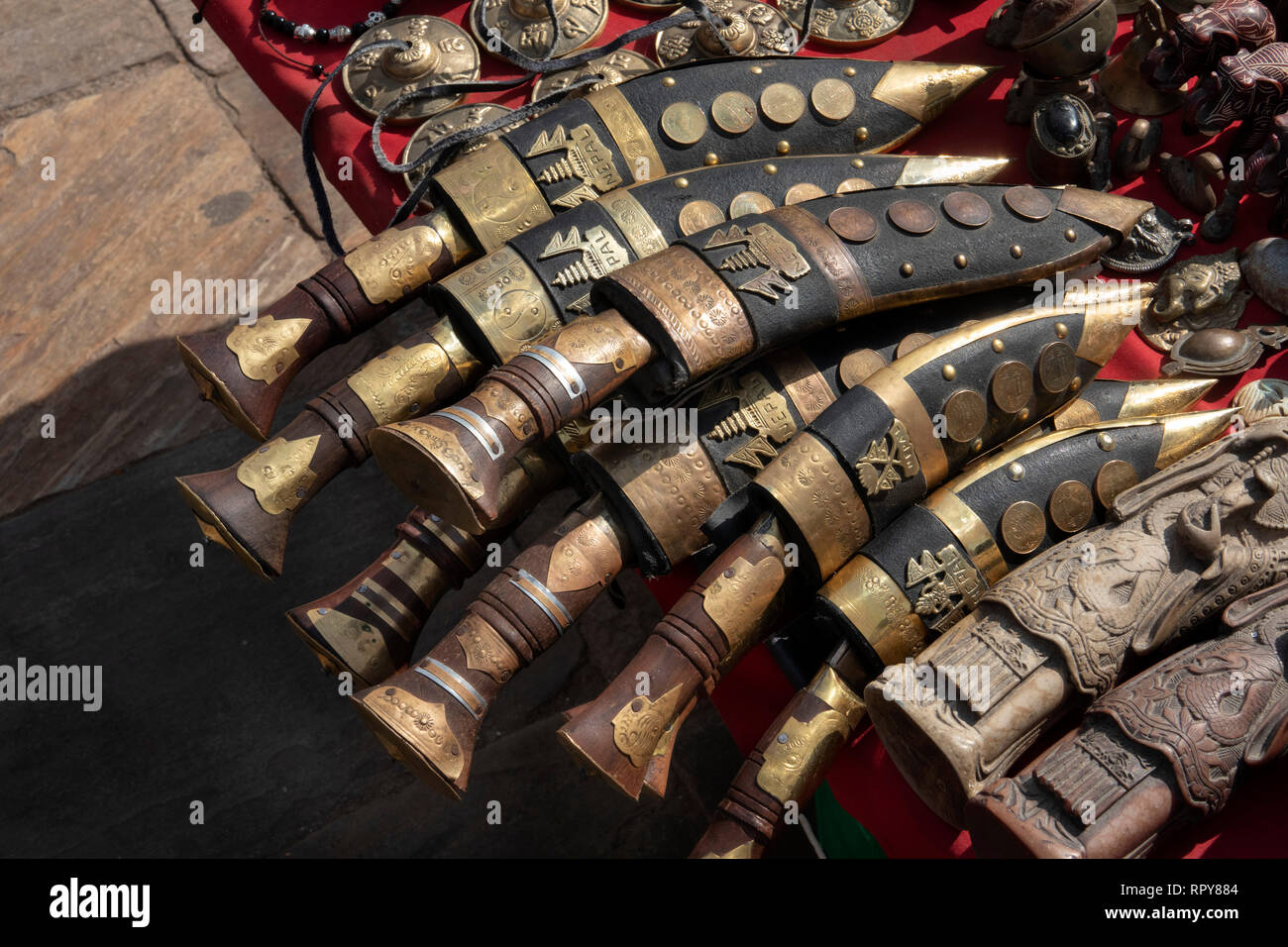 Nepal, Kathmandu, Swayambhunath Temple, antique and modern reproduction Kukri knives for sale Stock Photo