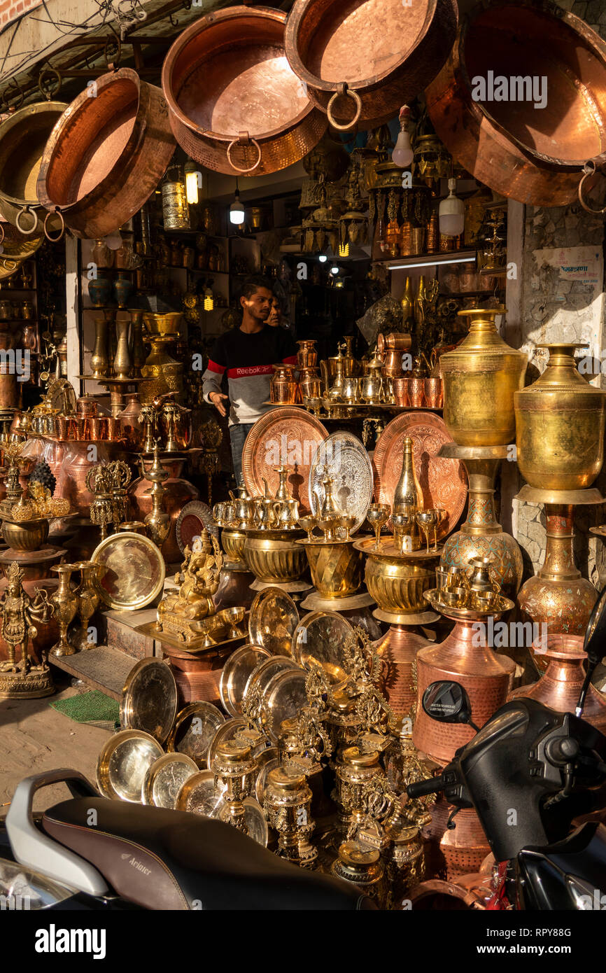 Nepal, Kathmandu, city centre, Asan Tole, locally made hand beaten copper and cast brass goods